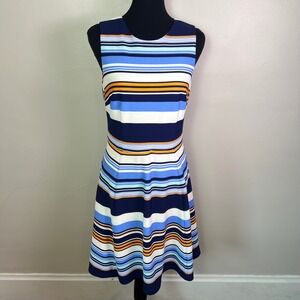 Vince Camuto Striped Fit and Flare Dress 8 Blue Orange Nautical Retro-Modern